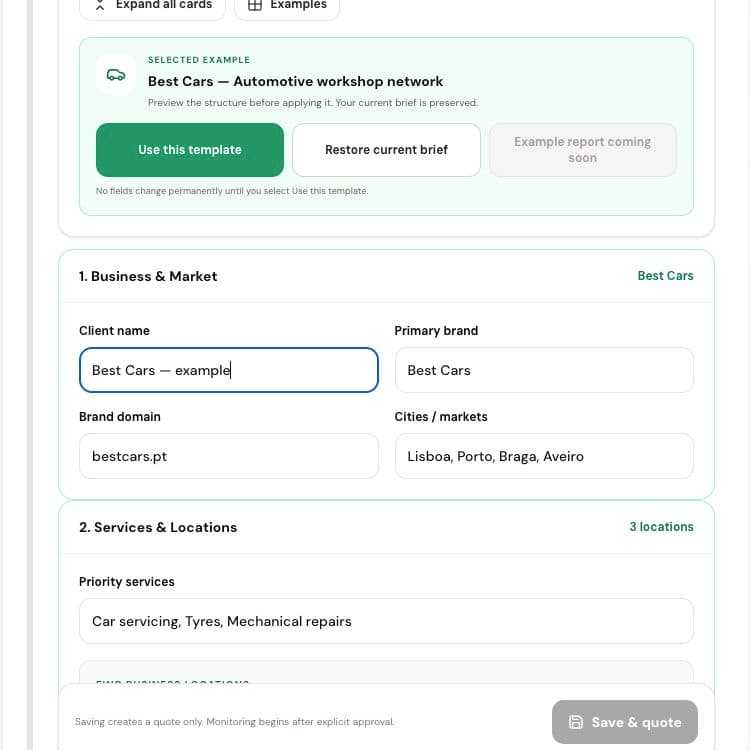 GrowthOS AI Visibility and Reviews setup with fictional data