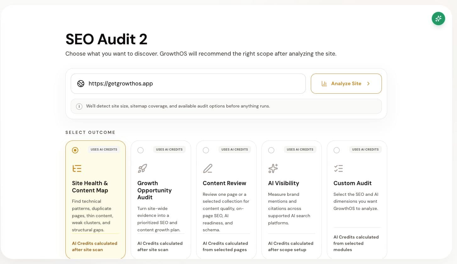 GrowthOS SEO Audit with outcome selection