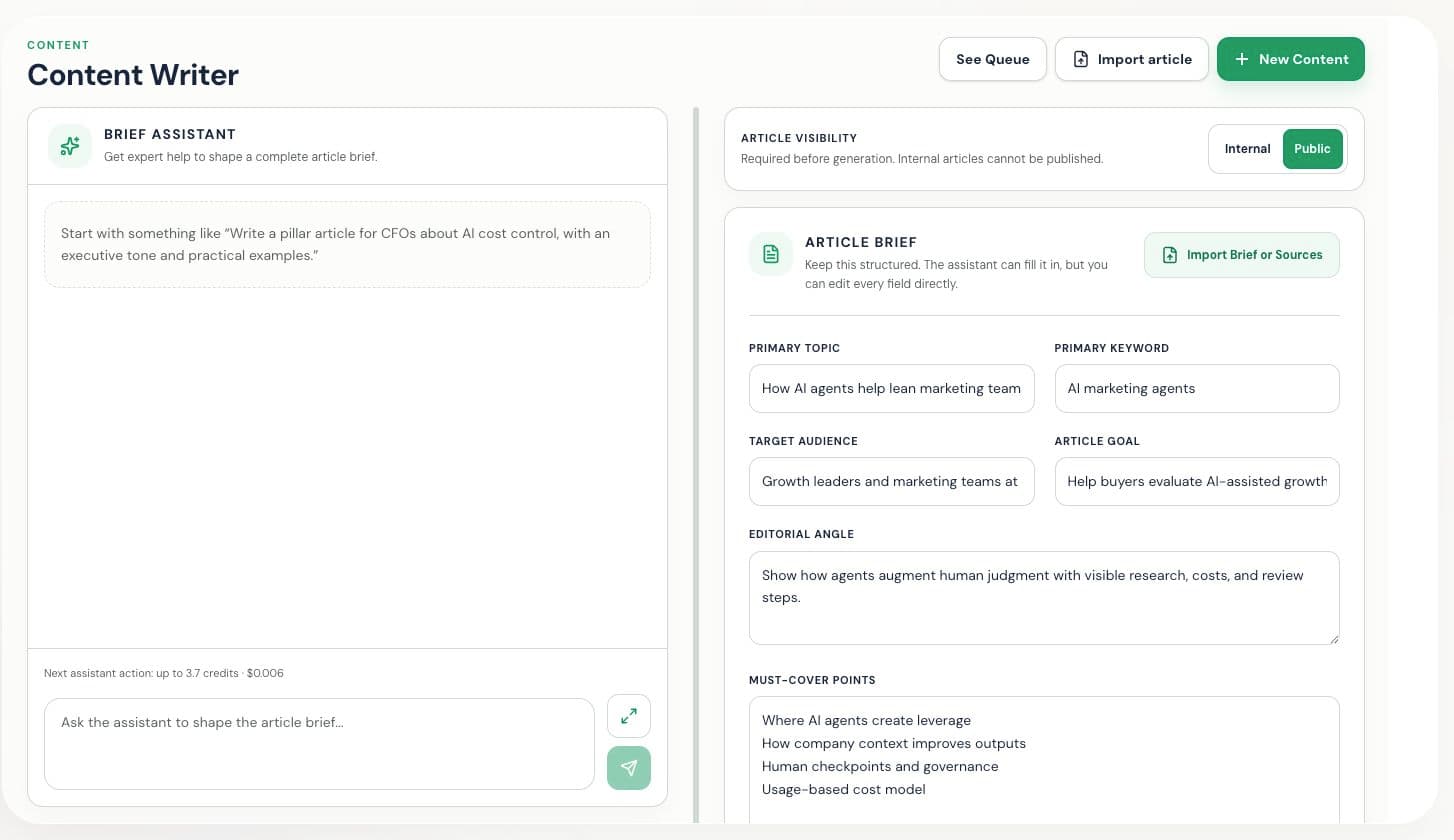 GrowthOS Content Writer with a populated article brief