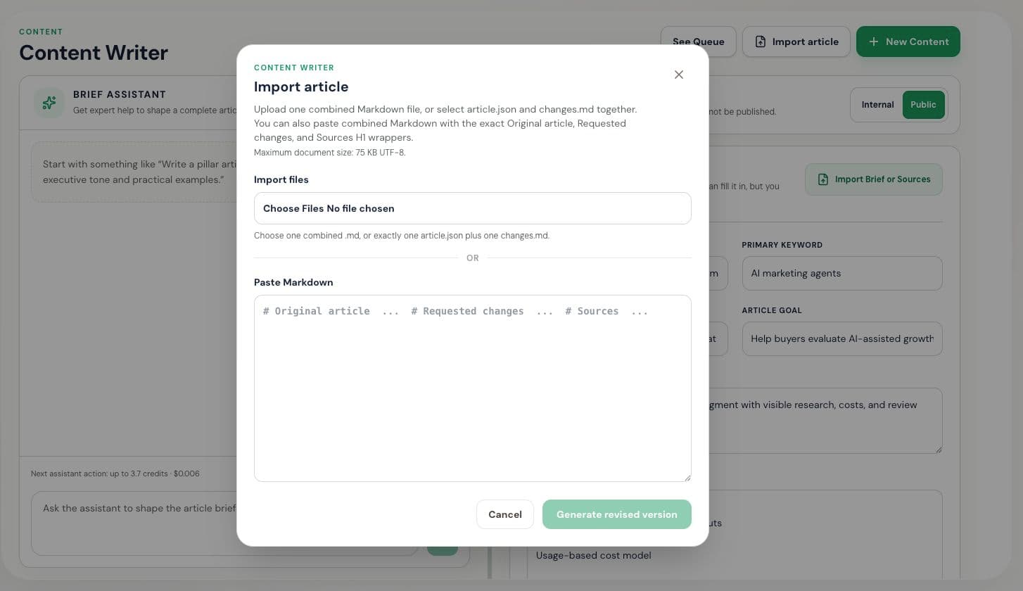 GrowthOS Content Writer import article workflow